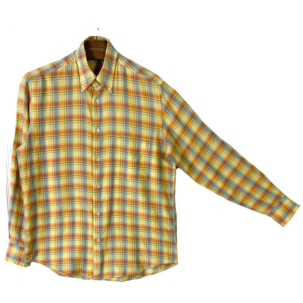 GRIGIO PERLA Shirt Men 39 15.5 ITALY Plaid Yellow Blue Button-Up Long-Sleeve